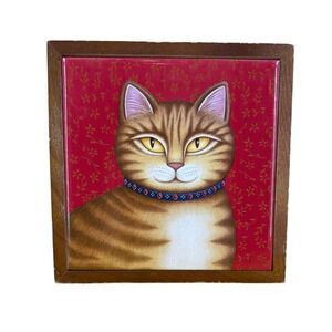 Vintage Whimsy Orange Cat Decor Japan Ceramic Folk Art Tile Framed 7"